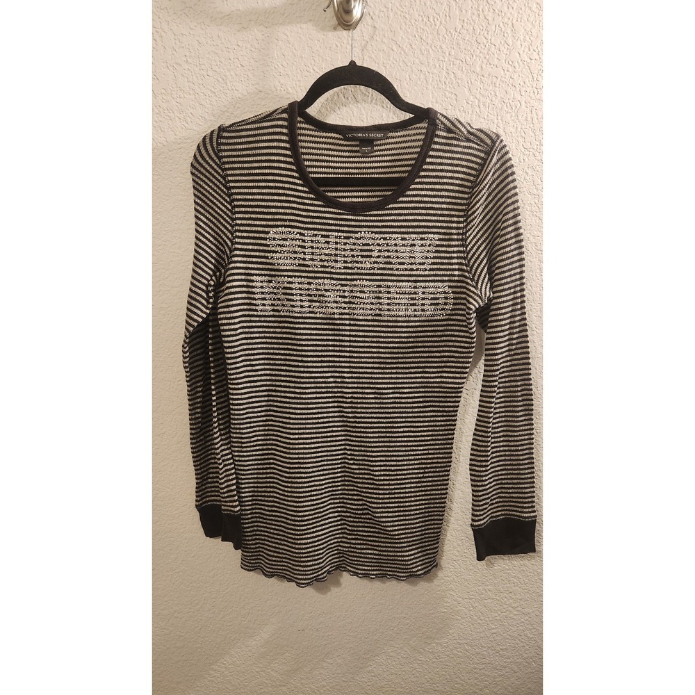 Victoria Secret Sleepwear Top Pajama Shirt Large Bling Gray Stripe Snow Kissed